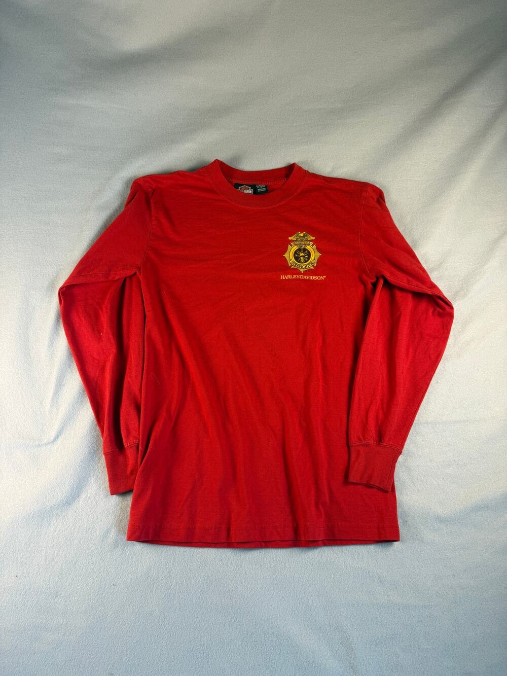 Harley-Davidson T-Shirt Mens M Red Long Sleeve Firefighter Badge Graphics Biker